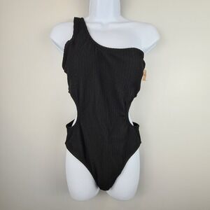 PINK Victoria's Secret One Shoulder Black Cutout Sides‎ Ribbed Swimsuit Large